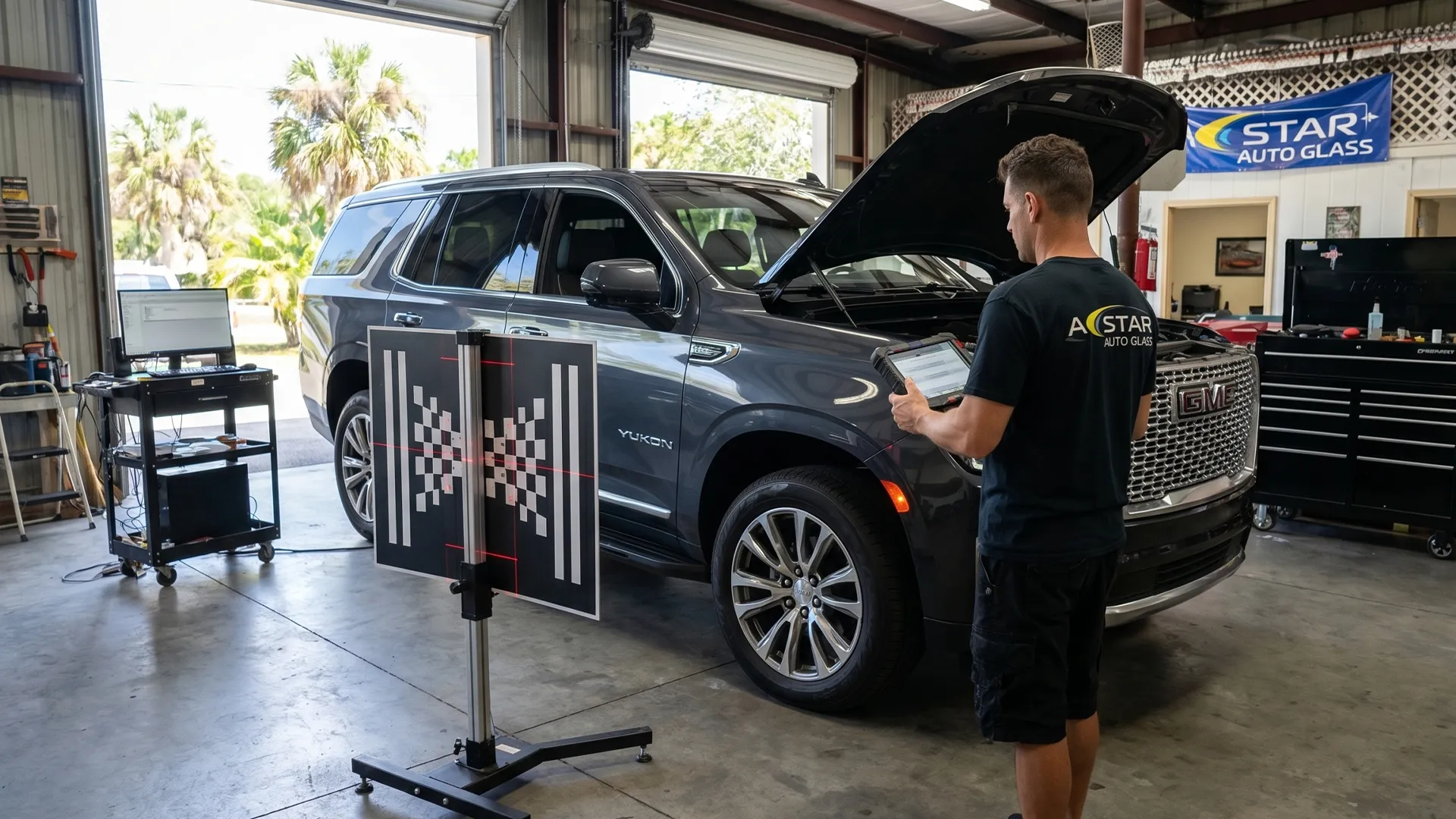 A Star Auto Glass technician performing ADAS calibration with Autel scanner and target board on GMC Yukon in Sarasota shop
