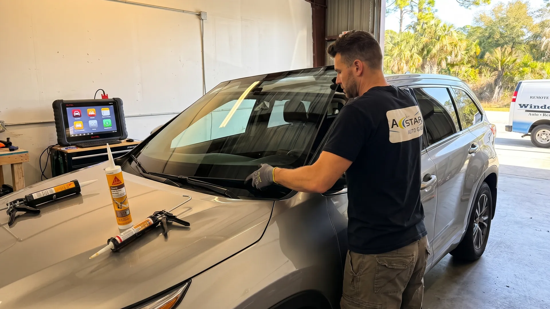 A Star Auto Glass technician installing windshield on silver SUV in Sarasota shop with Autel scanner and Sika adhesive visible
